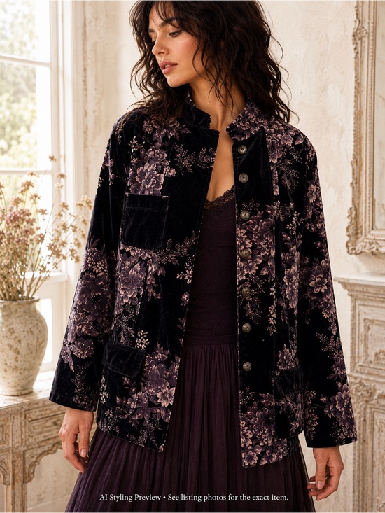 Jackets & Blazers - Vintage Floral Velvet Jacket L XL Dark Romantic Whimsygoth Boho